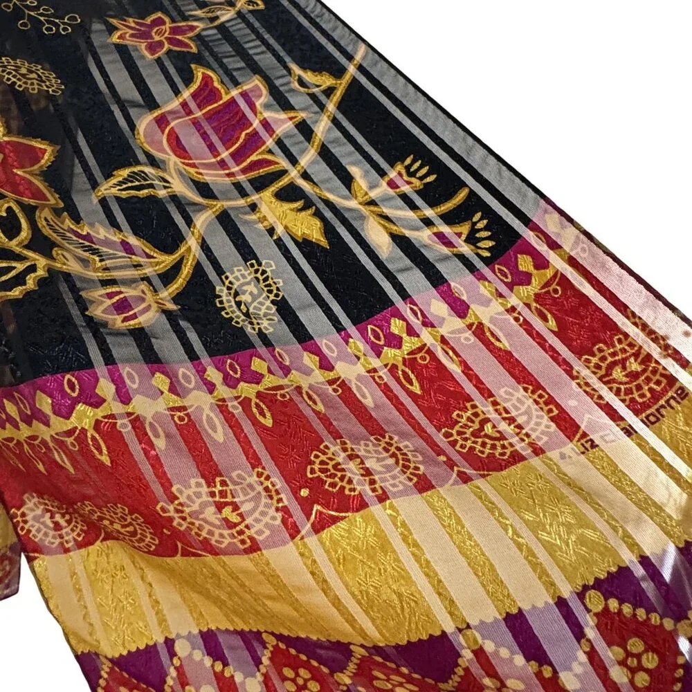 Vintage Liz Claiborne Floral‎ Stripe Scarf Black Red Gold Lightweight Wrap